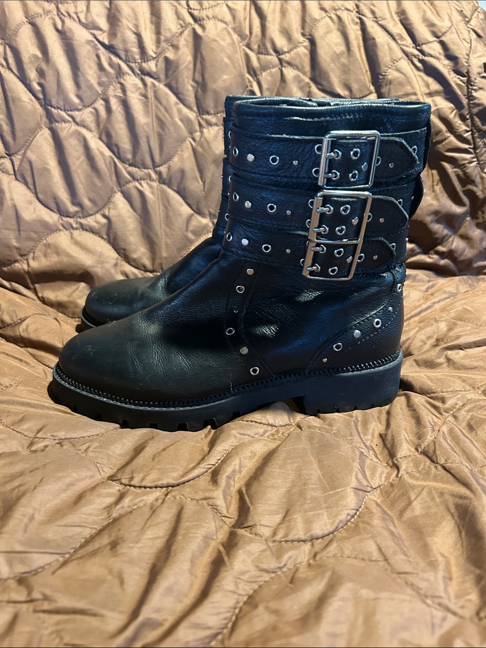 Zara Black Studded Buckle Kids Combat Boots